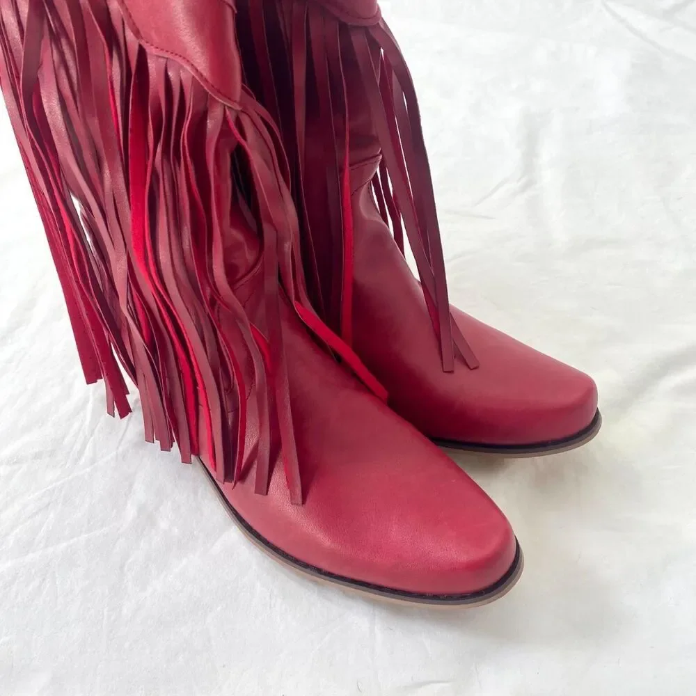 NEW Western Burgundy Red Faux Leather Fringe Mid Calf Cowboy Boots US 8.5 - Picture 5 of 8